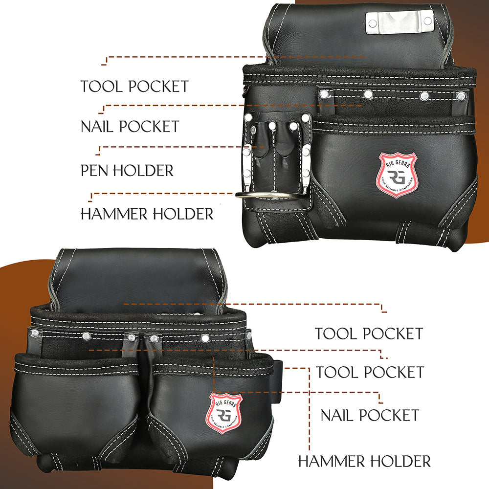 Professional 11-Pocket Leather Tool Belt Set – Heavy-Duty Carpenter, Electrician, and Drywall Tool Pouches (Black, Standard)