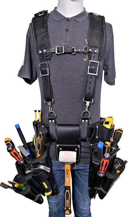 Leather Tool Belt with Detachable Padded Suspenders – Full-Grain Oil-Tanned Adjustable Work Belt for Construction, Carpenters, and Electricians Black Color