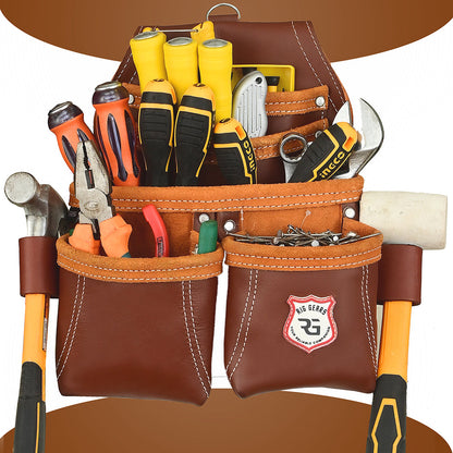 Leather Tool Pouch for Electricians – 5-Pocket Heavy-Duty Carpenter & Framer Tool Belt Pouches with Nail Holder Oil-Tanned