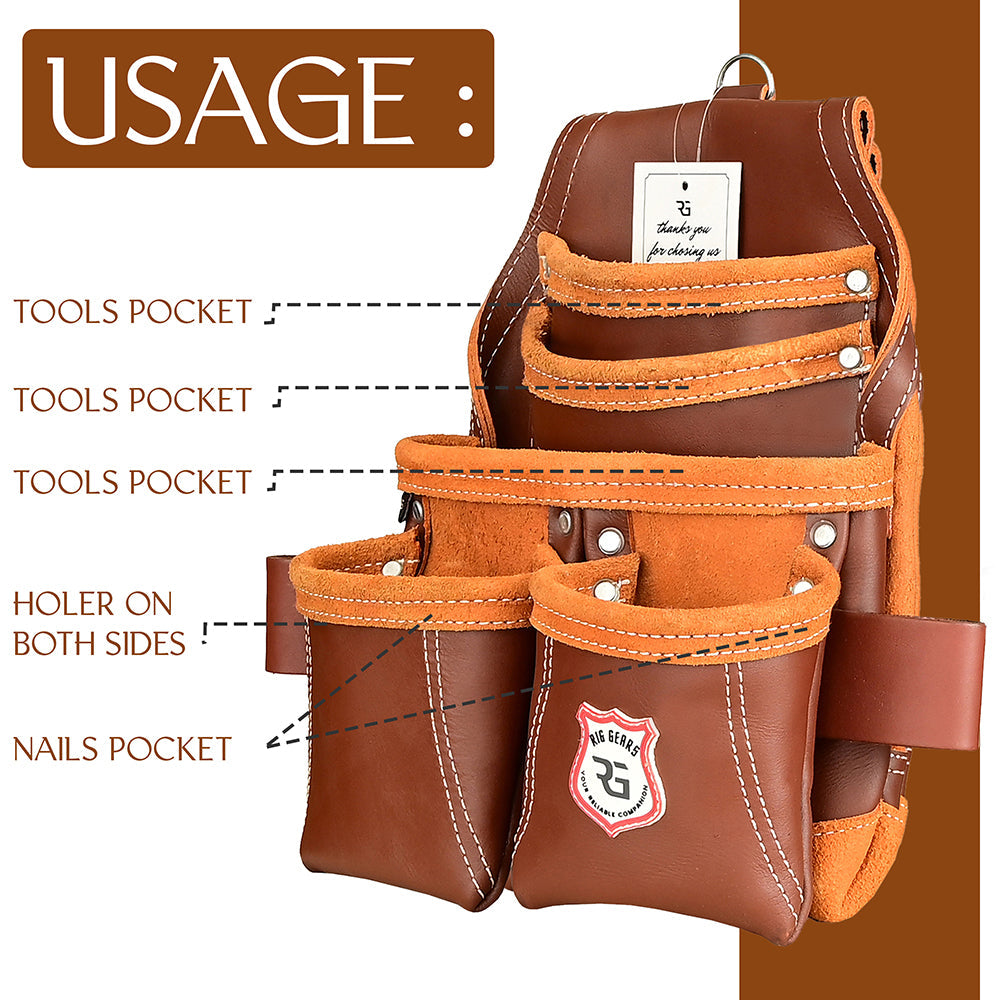 Leather Tool Pouch for Electricians – 5-Pocket Heavy-Duty Carpenter & Framer Tool Belt Pouches with Nail Holder Oil-Tanned