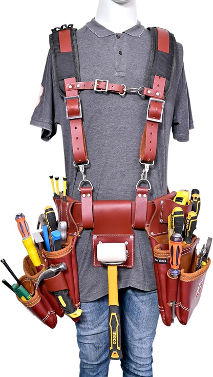 Oil-Tanned Leather Tool Belt with Adjustable Padded Suspenders – Full-Grain Work Belt for Construction, Carpenters, and Electrician