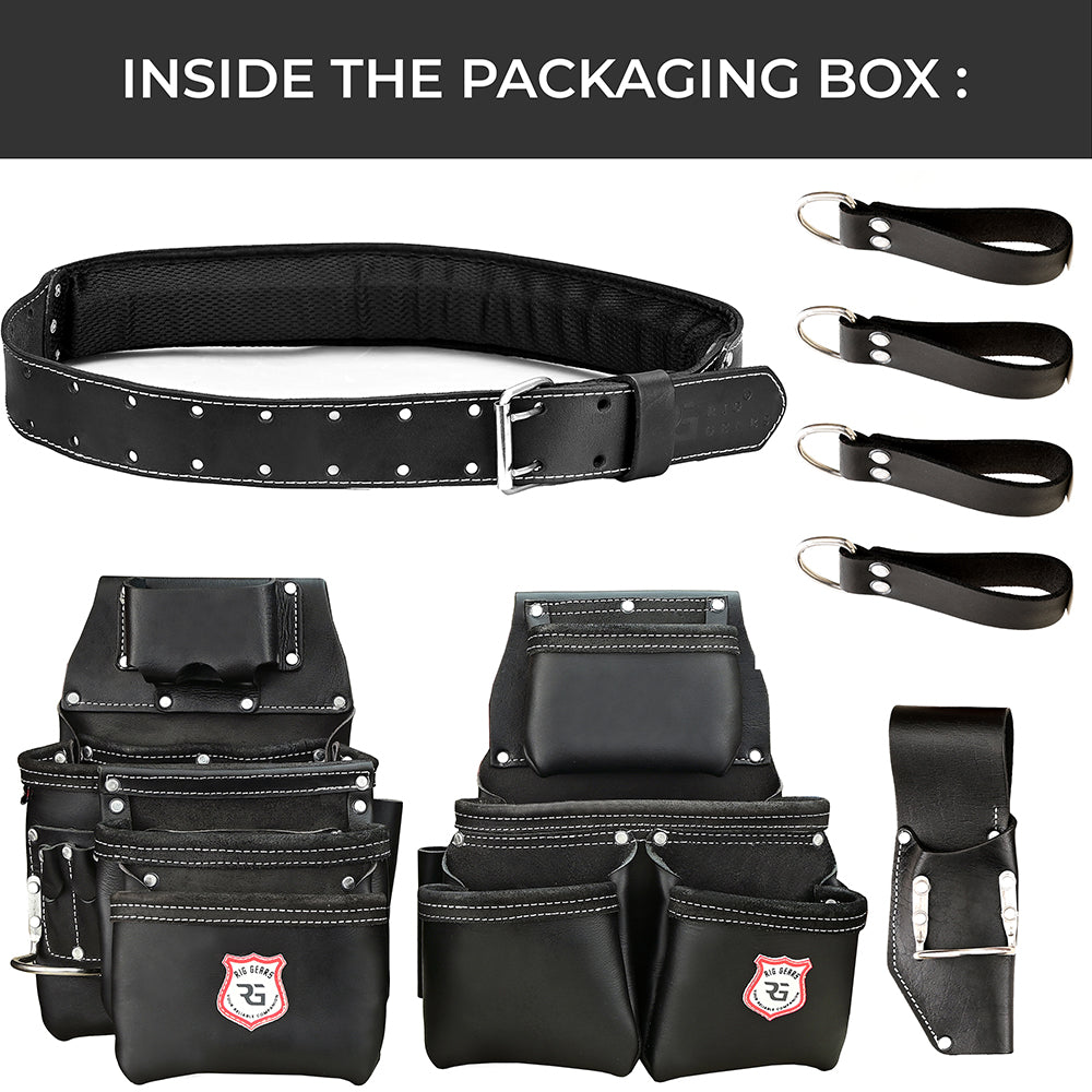 Leather Tool Belt with Adjustable Hook - Premium Heavy Duty Tool Belts for Men with 22 Multi-Purpose Pocket Tool Pouch (Black, Standard)