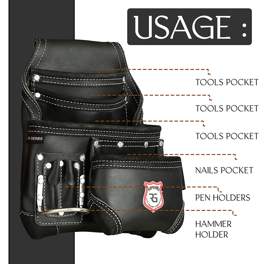 Leather Tool Belt Pouch 8-Pocket – Durable Tool Pouch Organizer for Carpenters & Construction (Black, Standard)