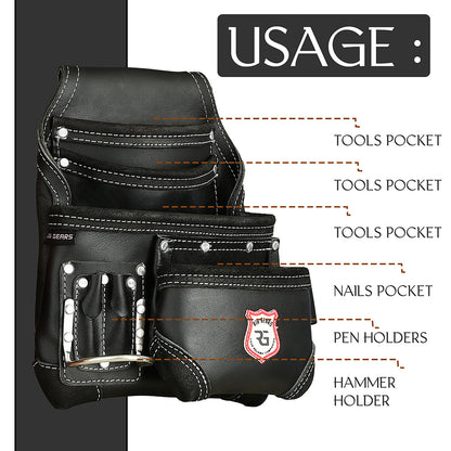 Leather Tool Belt Pouch 8-Pocket – Durable Tool Pouch Organizer for Carpenters & Construction (Black, Standard)