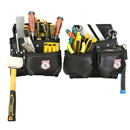 Professional 11-Pocket Leather Tool Belt Set – Heavy-Duty Carpenter, Electrician, and Drywall Tool Pouches (Black, Standard)