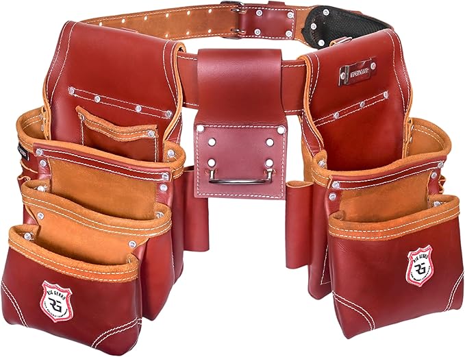 Leather Tool Pouch Professional 11-Pocket Leather Tool Belt Set – Heavy-Duty Carpenter, Electrician, and Framing Tool Pouch (Maroon, Standard)