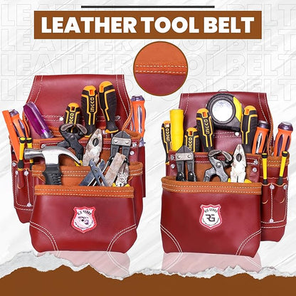 Leather Tool Pouch Professional 11-Pocket Leather Tool Belt Set – Heavy-Duty Carpenter, Electrician, and Framing Tool Pouch (Maroon, Standard)