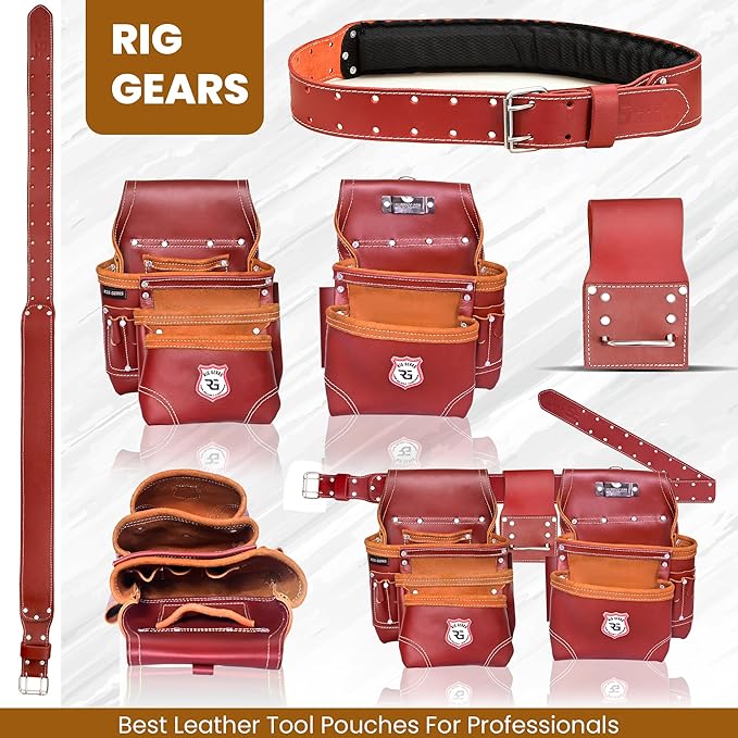 Leather Tool Pouch Professional 11-Pocket Leather Tool Belt Set – Heavy-Duty Carpenter, Electrician, and Framing Tool Pouch (Maroon, Standard)