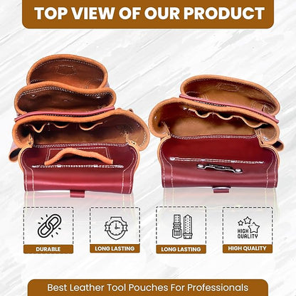 Leather Tool Pouch Professional 11-Pocket Leather Tool Belt Set – Heavy-Duty Carpenter, Electrician, and Framing Tool Pouch (Maroon, Standard)